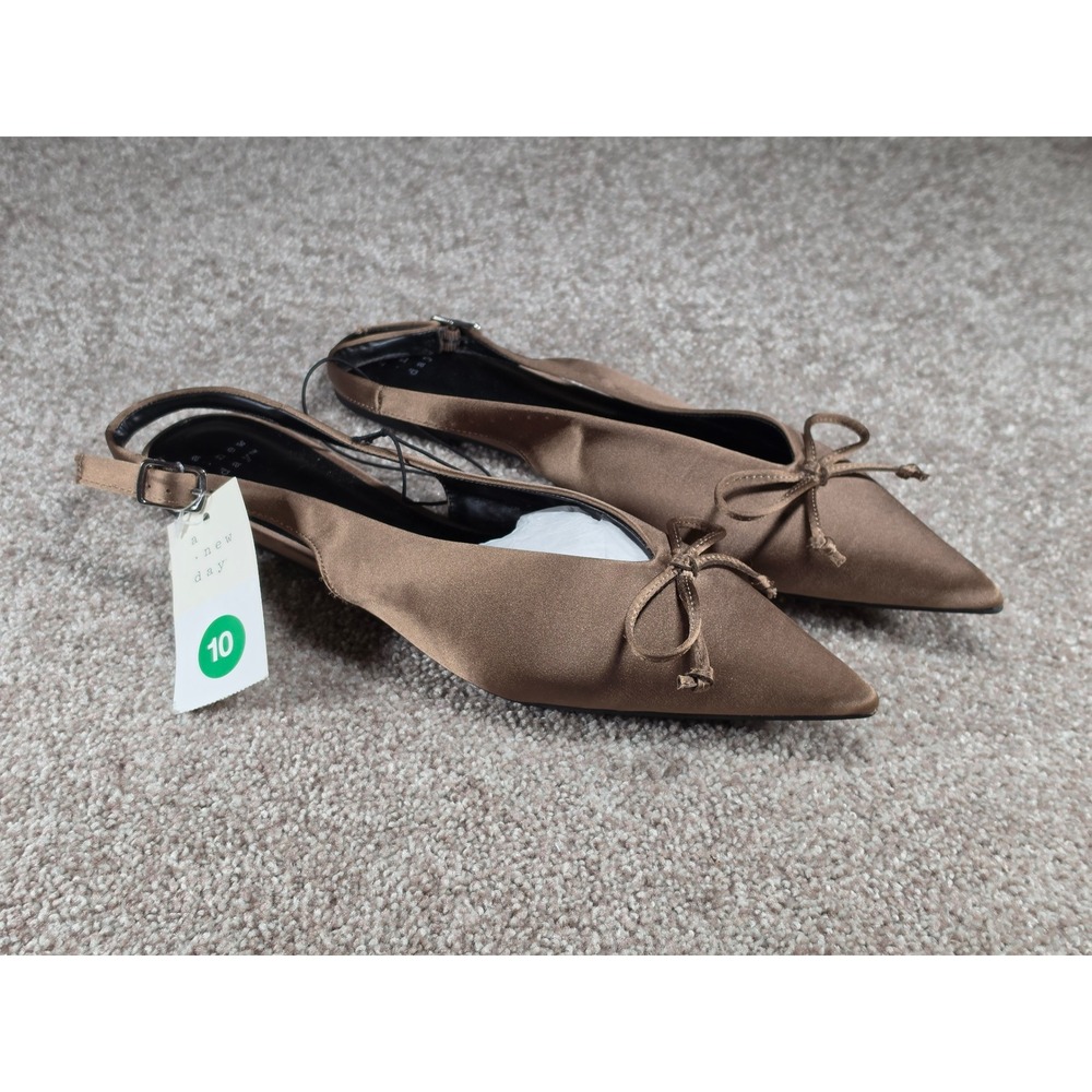 A New Day Camille Taupe Satin Pointed Toe Slingback Bow Flats Womens 10